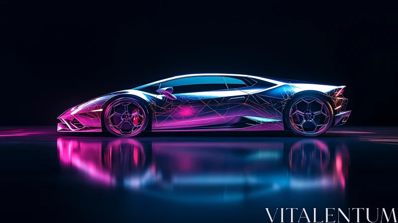 Futuristic neon supercar glows over sleek reflective floor.