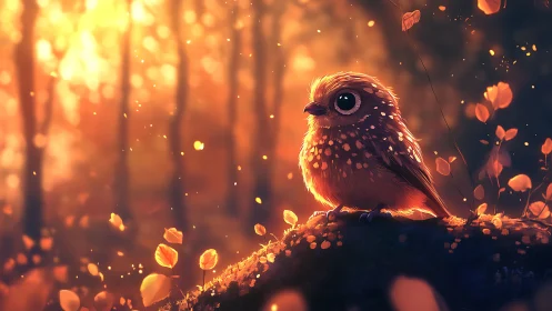 Whimsical baby owl in glowing autumn forest digital art style.
