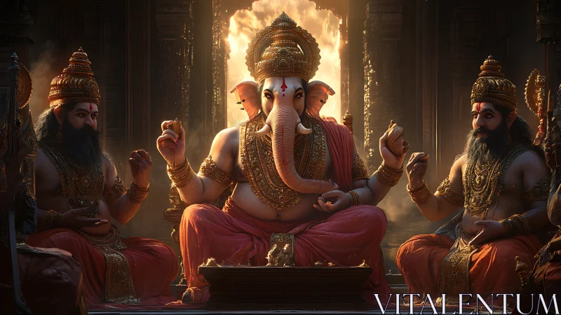 Digital rendering depicts central Ganesha figure flanked by attendants