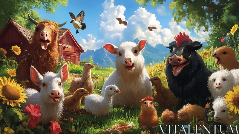 Smiling barnyard animals gather in a vibrant sunlit pasture