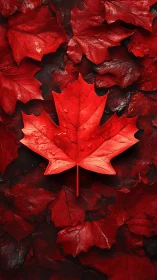 Red maple leaf macro on layered wet foliage background.