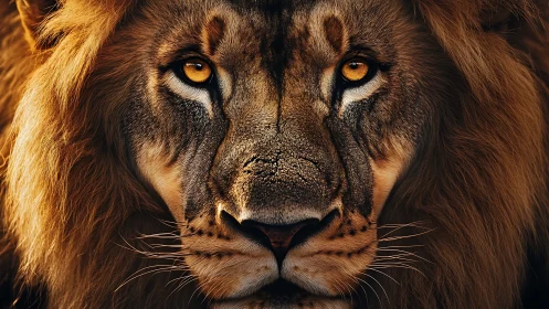 Lion face captured in extreme close-up frontal portrait
