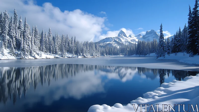 Pristine alpine lake mirroring snow‑clad evergreen peaks.