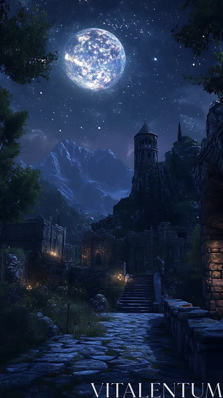 Moon-bathed citadel listens quietly to the glittering night sky