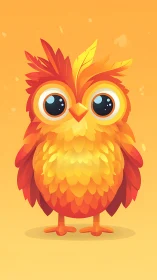 Cartoon owl with fiery feathers on warm orange background.