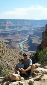 Smiling canyon explorers above a winding river of light.