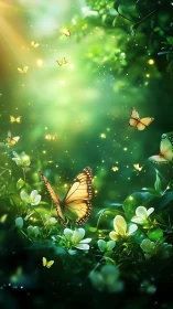 Golden butterflies drift through luminous forest clearing