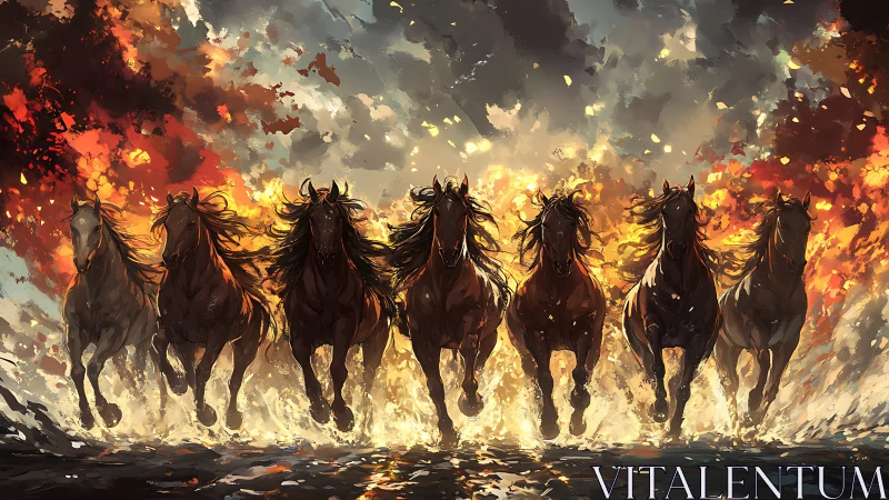 Wild horses charge through firelit surf under stormy skies