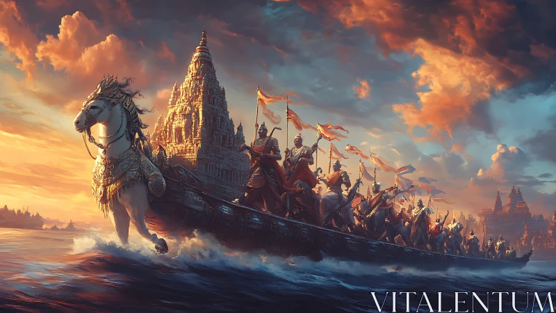 Warriors on ornate warship glide past temple at sunset.