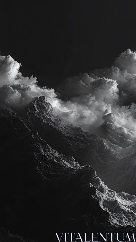 Monochrome storm peaks merge with sculpted cloud waves.