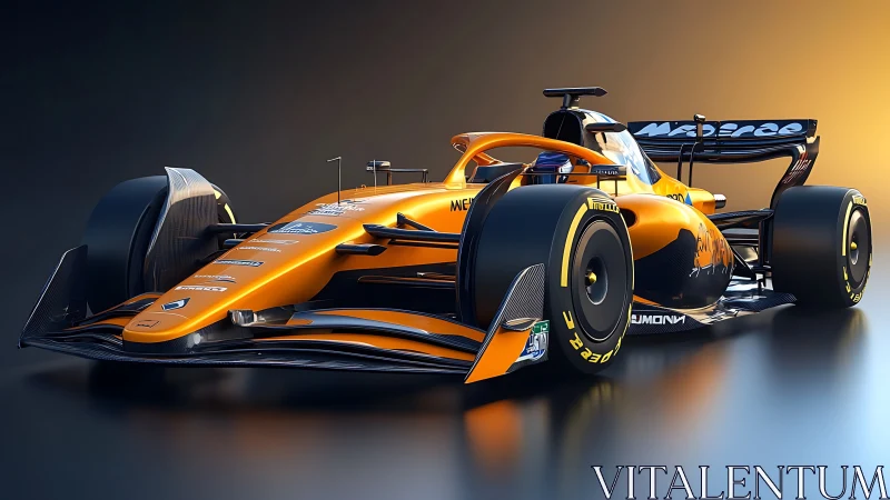 Aerodynamic orange Formula racing car in studio render.