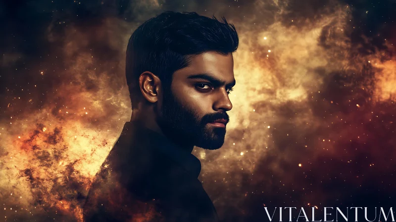 Cinematic digital portrait in cosmic nebula color field composition.