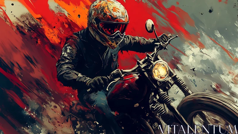 Bold motorcyclist racing through a storm of vivid color.
