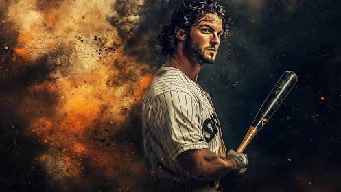 Brooding baseball slugger amid explosive dust storm backdrop.