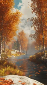 Mountain river in autumn forest with birch trees and rocks.