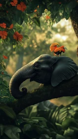 Elephant rests on tree branch while parrot stands on head
