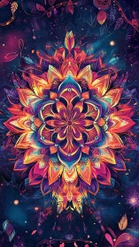 Symmetrical multicolor mandala over deep cosmic background.