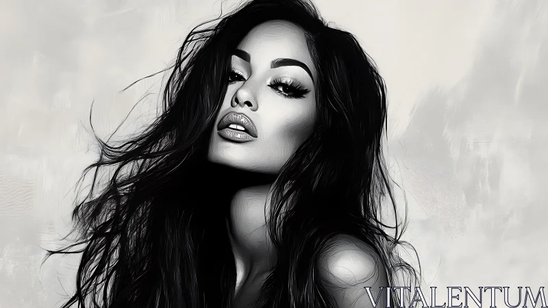 Monochrome portrait showcases bold gaze and flowing hair.