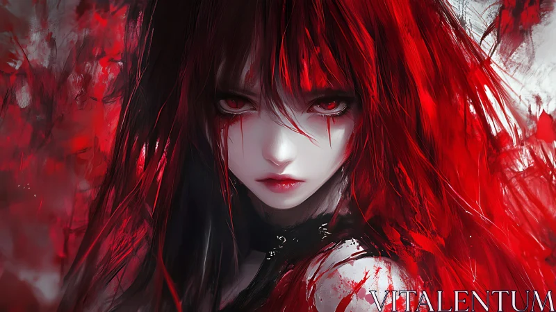 Crimson haired anime girl with intense red-eyed glare.