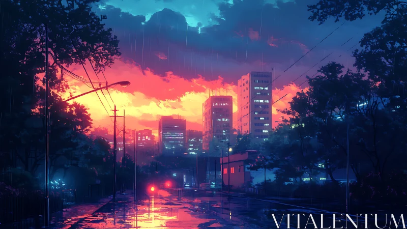 Sunset rain paints a quiet neon city street with soft glow
