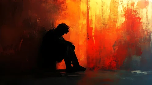 Silhouetted figure against incandescent abstract gradient field.