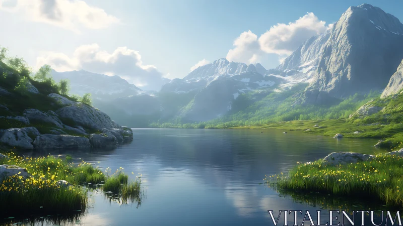 Peaceful mountain lake cradled by sunlit peaks and flowers.