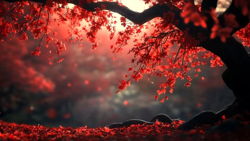 Crimson autumn tree leans gently over a softly glowing forest