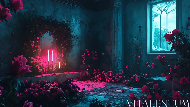 Neon rose sanctuary floods ruined chamber with contrast.