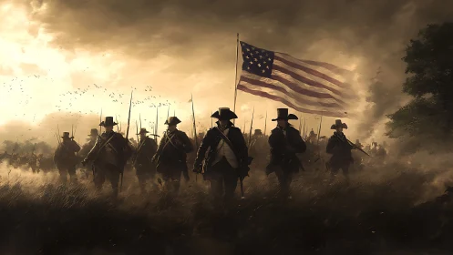 Colonial-era soldiers march forward under a large US flag