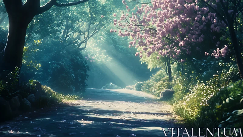 Forest pathway with blooming tree canopy and directional light rays