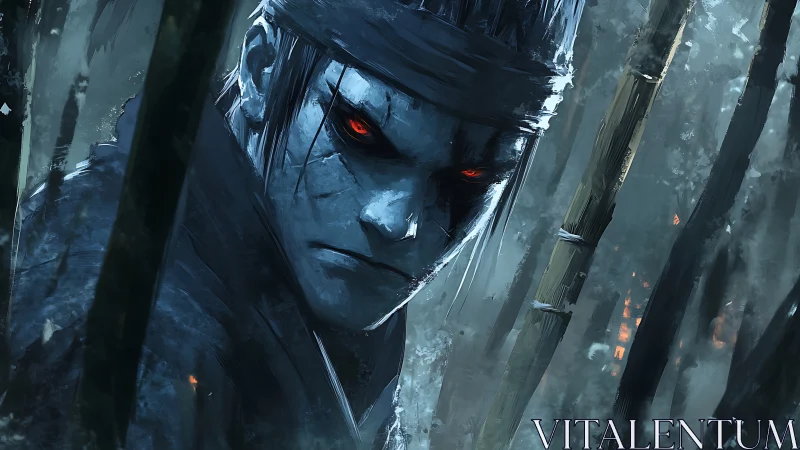 Digital painting of vengeful warrior in misted bamboo grove.