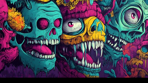 Neon skulls roar together in a wild burst of color and chaos
