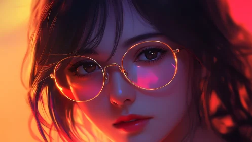 Neon rim-lit portrait renders reflective glasses in soft focus