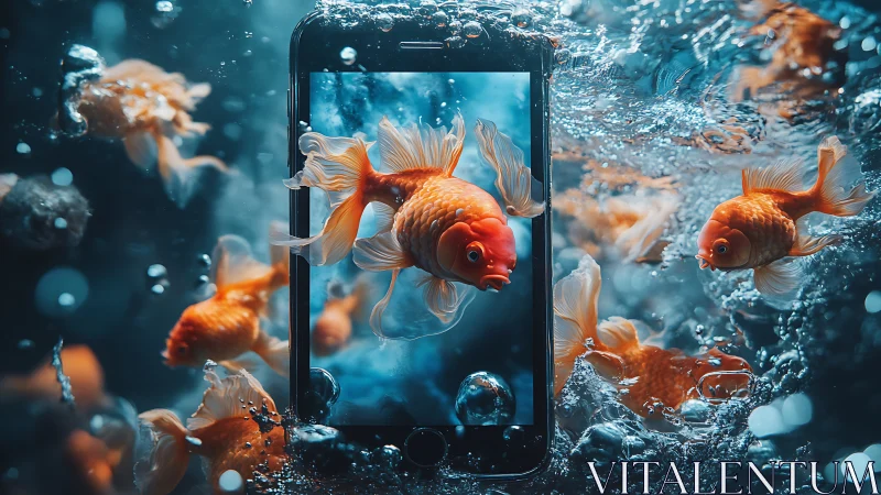 Smartphone screen frames goldfish within dynamic water scene