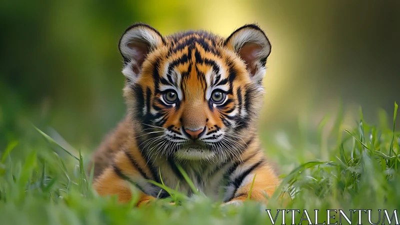 Tiger cub rests in lush grass under soft golden light.