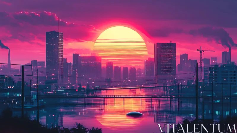 Cyberpunk sunset city skyline over neon river reflections.