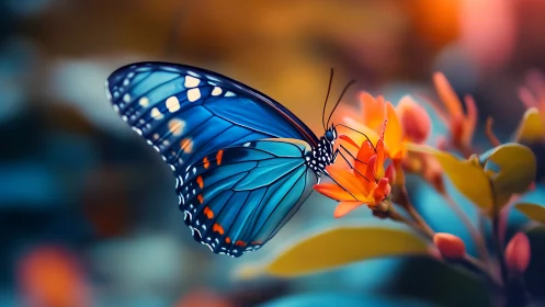 Blue butterfly rests on orange blossom in vivid bokeh garden.