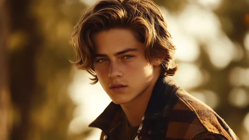 Young man in plaid jacket in warm outdoor portrait.