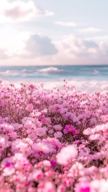 Pink flowers bloom on beach overlooking calm ocean horizon