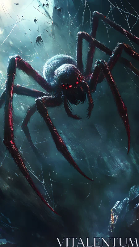 Giant red-eyed spider stalks prey through misted web cavern