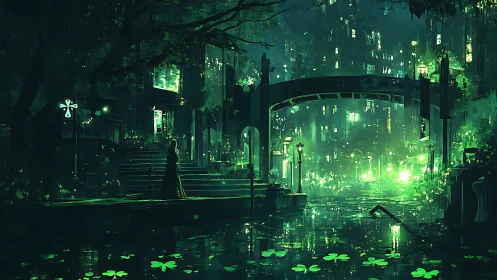 Emerald canal city with glowing bridge and lone figure.