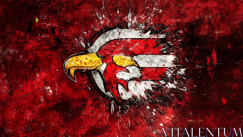 Stylized eagle crest on distressed red grunge splatter field
