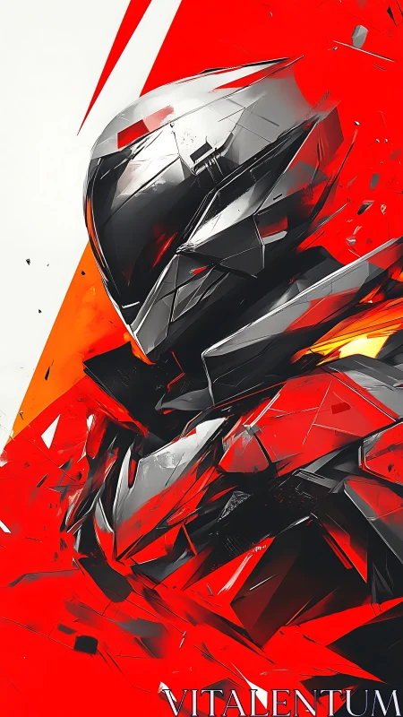 Angular sci‑fi armor rendered with dynamic red vector shards