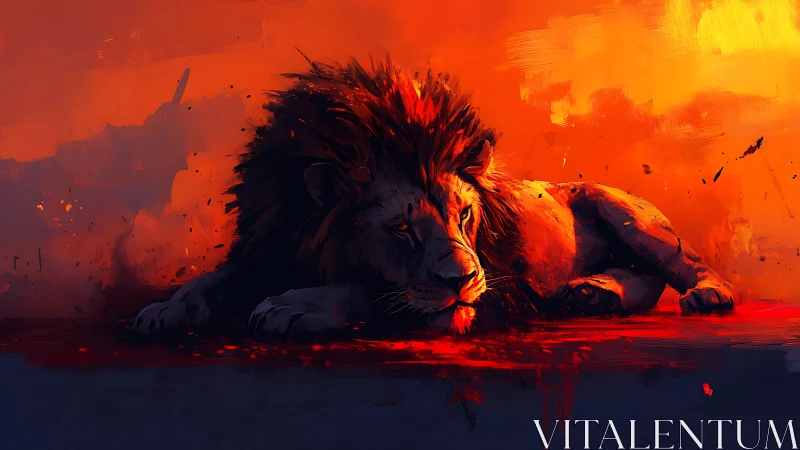 Digital painting of lion on crimson ground, high contrast lighting.