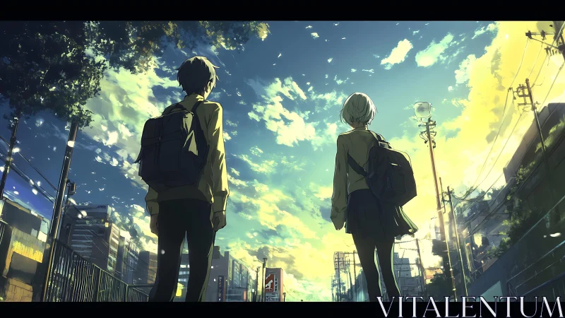 Two students on urban street under expansive evening sky.