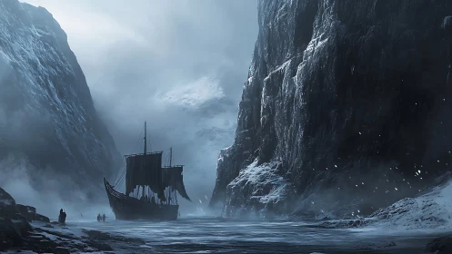 Viking style longship enters narrow frozen fjord between cliffs