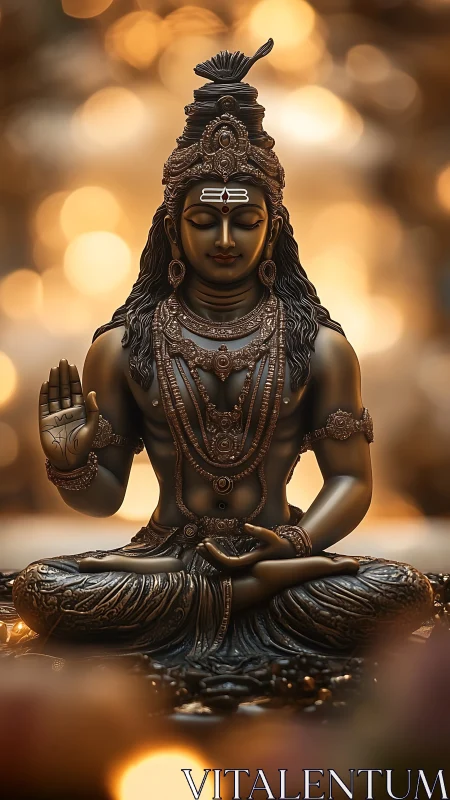 Bronze Shiva sculpture in meditative pose with bokeh glow.