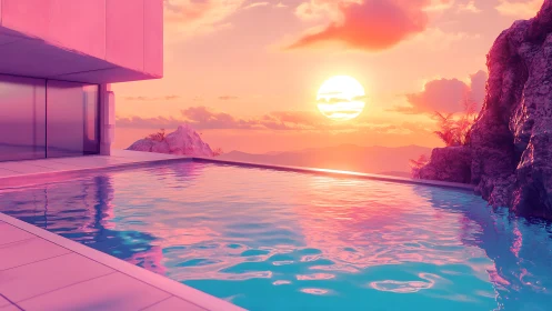 Sunset infinity pool reflects neon gradient sky and stylized rocks
