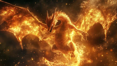 Fiery dragon spreads blazing wings in molten sky.