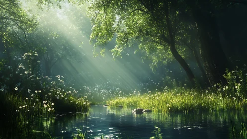 Morning sunbeams gently awaken a quiet forest stream